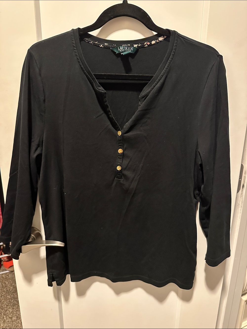 Lauren Ralph Lauren Black Henley with Gold-Tone Buttons